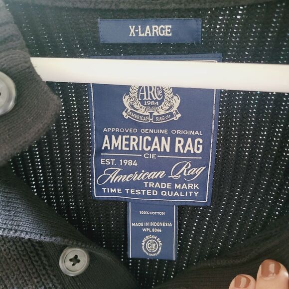 American Rag Mens Henley Black Sweater XL Fisherman Ribbed Chunky 100% Cotton - Picture 3 of 8